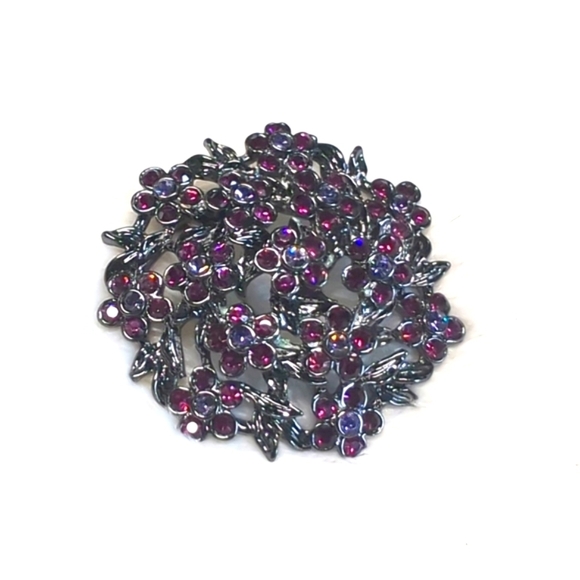Vintage 90's Gunmetal and Plum/Deep Purple Floral Circle Brooche - Picture 3 of 9